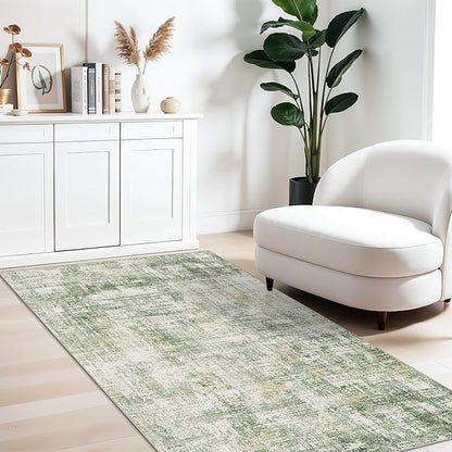 3x6 Washable Wide Runner Rug – Non-Slip Floor Carpet Runner for Kitchen Entryway Hallway Bathroom, Modern Abstract Low Pile Thin Area Rug (Sage Green)