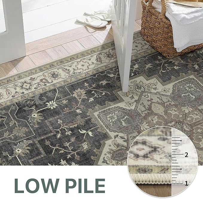 GENIMO 2x10 Runner Rugs for Hallway, Machine Washable Non Slip Vintage Rugs, Low Pile Lightweight Soft Print Rug for enrtyway, Corridor, Home, Office, Kitchen, Muted Charcoal Beige