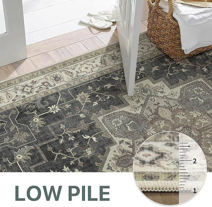 GENIMO 2x10 Runner Rugs for Hallway, Machine Washable Non Slip Vintage Rugs, Low Pile Lightweight Soft Print Rug for enrtyway, Corridor, Home, Office, Kitchen, Muted Charcoal Beige