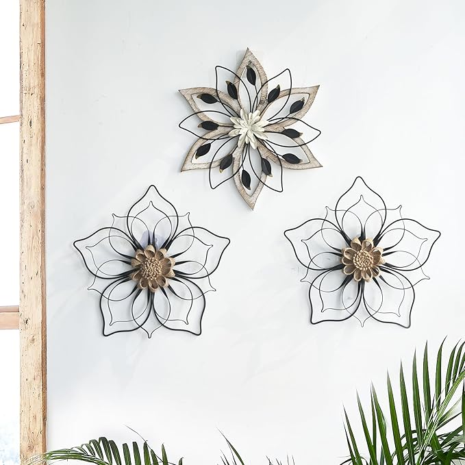 Remenna Metal Flowers Wall Decor, Metal Rustic Wall Art Decoration Farmhouse Wall Decorations Multiple Floral Hanging Decor for Bathroom Living Room Home Office Garden Kitchen (Black -2)