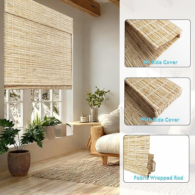 Motorized Bamboo Roman Shades, Motorized Blinds with Remote Compatible with Homekit, Alexa GoogleHome, Smart Wood Woven Shades for Indoor Windows, Customize, Driftwoven