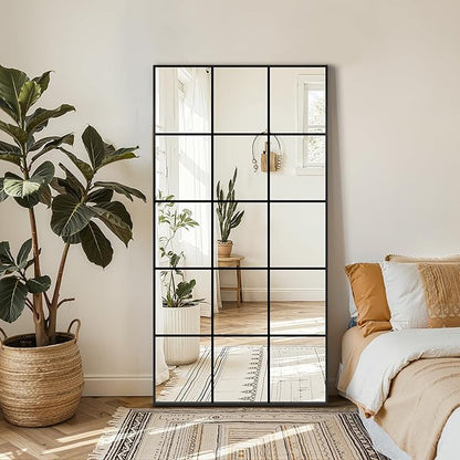 Large Window Pane Full Length Mirror for Wall, 28"x55" Black Rectangular Wall Mirror for Living Room, Bedroom, Entryway, Hanging or Leaning