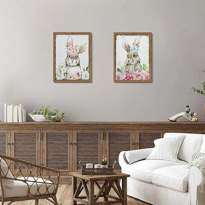 Framed Vintage Easter Wall Art Decor, Easter Bunny Picture Wall Decorations Set of 2, Spring Rustic Rabbit Poster Prints Painting for Kids Room Living Room Bedroom 12x16 Inch