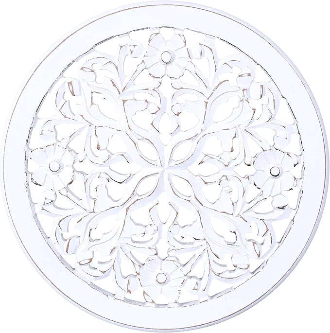 Woodify Hand-Carved Wooden Wall Décor – Set of 2, 12" x 12" Decorative Wood Panels, Floral Design, White Antique Finish, Wall Art for Living Room & Home Décor