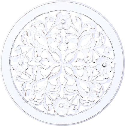 Woodify Hand-Carved Wooden Wall Décor – Set of 2, 12" x 12" Decorative Wood Panels, Floral Design, White Antique Finish, Wall Art for Living Room & Home Décor