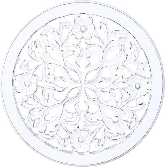 Woodify Hand-Carved Wooden Wall Décor – Set of 2, 12" x 12" Decorative Wood Panels, Floral Design, White Antique Finish, Wall Art for Living Room & Home Décor