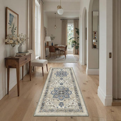 GENIMO 2x6 Runner Rugs for Hallway, Machine Washable Non Slip Vintage Rugs, Low Pile Lightweight Soft Print Carpet for enrtyway, Corridor, Home Office, Kitchen, Blue Cream