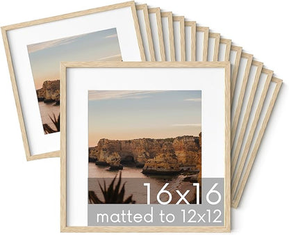 HAUS AND HUES Beige Oak Wood 16x16 Picture Frames - Set of 15, Square Frames with Mat, Premium Frames for Wall Art and Display (16x16 in, Beige, Set of 15)
