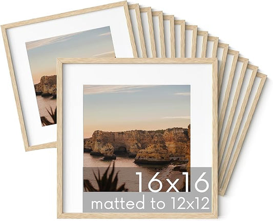HAUS AND HUES Beige Oak Wood 16x16 Picture Frames - Set of 15, Square Frames with Mat, Premium Frames for Wall Art and Display (16x16 in, Beige, Set of 15)