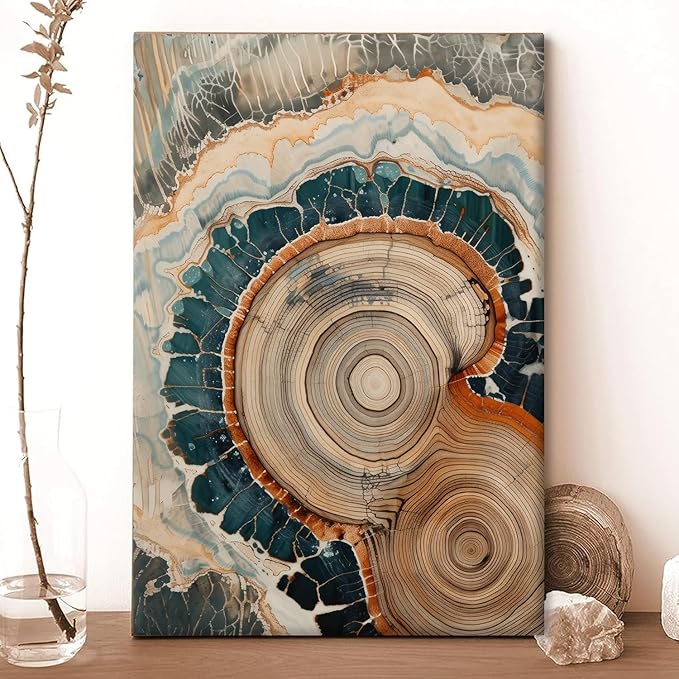 IBHJSART Framed Tree Ring Canvas Wall Art Blue Wall Art Wood Stump Painting Prints Modern Minimalist Pictures Neutral Nature Rustic Farmhouse Decor Living Room Bedroom Bathroom Office