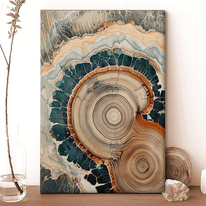 IBHJSART Framed Tree Ring Canvas Wall Art Blue Wall Art Wood Stump Painting Prints Modern Minimalist Pictures Neutral Nature Rustic Farmhouse Decor Living Room Bedroom Bathroom Office