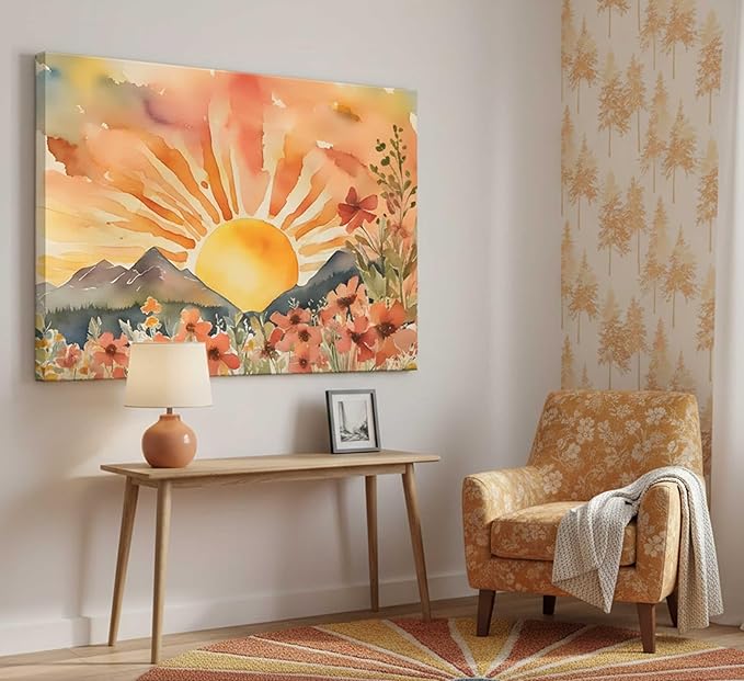Boho Sun Canvas Wall art Mid-Century Modern Abstract Bohemian Sunset in The Mountains Watercolor Wildflowers Sunrise Landscape Picture Wall Decor Poster Print Artwork for Living Room Bedroom