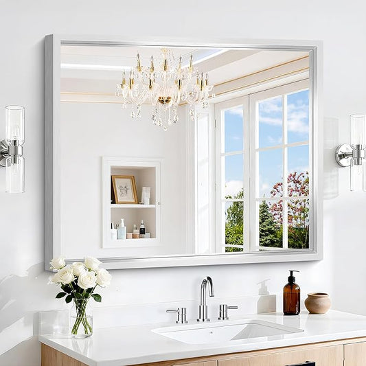 36x30 Silver Bathroom Mirror, Brushed Silver Rectangular Mirror for Wall, 0.6" Thickened Deep Frame Mirrors for Bathroom Sink, Shatterproof Tempered Glass, Antirust, Horizontally or Vertically