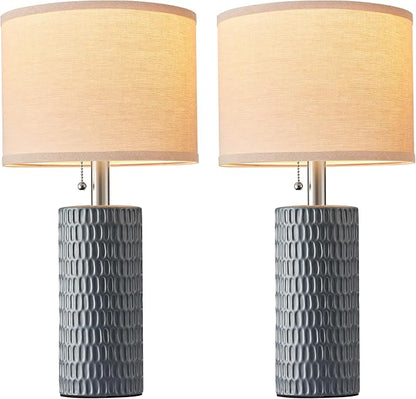 Reaketon 20.5" Modern Ceramic Table Lamps for Bedroom Set of 2, Bedside Lamps for Night Stands with Beige Lampshade, Farmhouse Table Lamp for Living Room Office Dorm, Grey