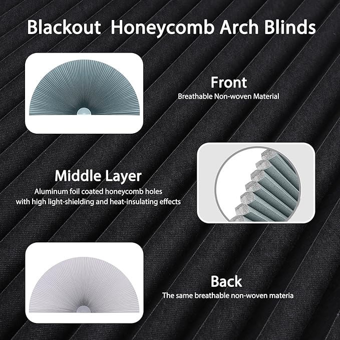 Arch Window Shade Blackout Cellular Shades Half Circle Moon Window Covering No Drill Honeycomb Cordless Blinds for Indoor Window Room Darkening Easy Install Light Blocking Blinds (1, Blue, 36x18inch)