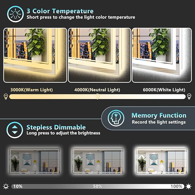 72x40 LED Bathroom Mirror with Lights, Backlit and Front Lit Anti-Fog Lighted Vanity Mirrors for Bathroom Wall, Dimmable, 3-Color Light, Memory, Shatter-Proof, HD Tempered Glass, CRI＞90