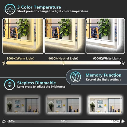 72x40 LED Bathroom Mirror with Lights, Backlit and Front Lit Anti-Fog Lighted Vanity Mirrors for Bathroom Wall, Dimmable, 3-Color Light, Memory, Shatter-Proof, HD Tempered Glass, CRI＞90