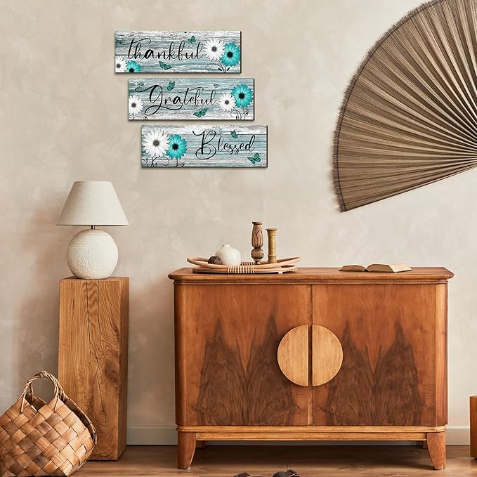 Geetery 3 Pcs Thankful Grateful Blessed Wooden Signs Rustic Daisy Wood Wall Decor Inspirational Wall Art Signs Rustic Wooden Hanging Decorations for Bedroom Kitchen Living Room Bathroom Home (Teal)