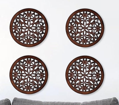 Woodify Hand-Carved Wooden Wall Décor – Set of 4, 12" x 12" Decorative Wood Panels, Floral Design, Natural Burnt Finish, Wall Art for Living Room & Home Décor