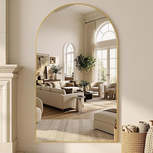 Suidia 72"x44" Arched Full Length Mirror with Stand, Full Body Mirror with Aluminum Frame, Freestanding/Leaning/Wall-Mounted, Floor Mirrors for Bedroom, Living Room, Entryway, Dressing Room, Gold