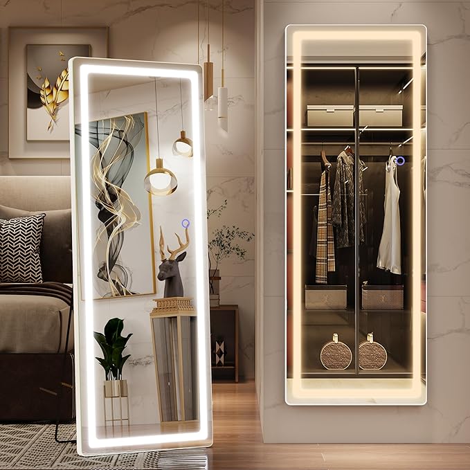 FENNIO Full Length Mirror with Lights, 57" x 17" LED Full Body Mirror, Free Standing Lighted Floor Mirror, Wall Mounted Hanging Mirror with Lights for Bedroom, Dimmable & 3 Color Lighting, White