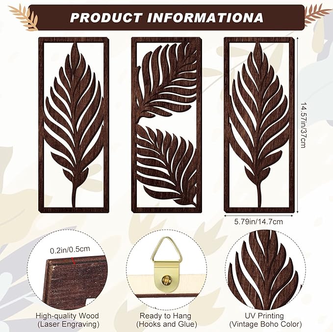3 Pcs Palm Leaves Wooden Art Wall Decor 14.57 x 5.79 Inch Boho Wood Leaves Plant Wall Accent Vintage Tropical Plant Plaque for Home Bathroom Living Room Bedroom Office Decoration