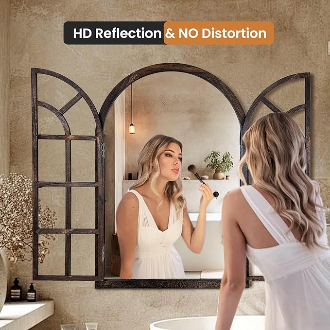 Arched Wall Mirror with Window Pane Design 36x24 Inch Rustic Farmhouse Wood Decorative Mirror for Living Room Bedroom Entryway