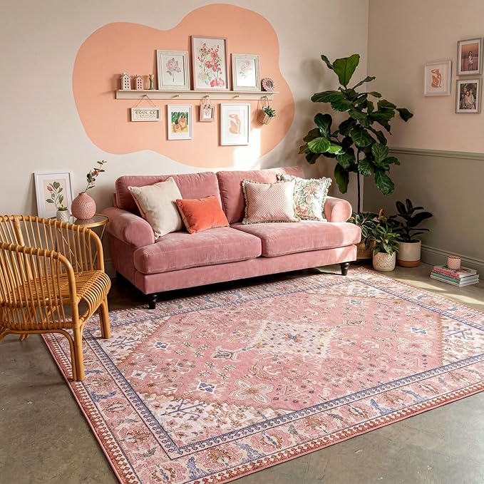 Kokia 6x9 Area Rugs for Living Room, Machine Washable Low Pile Rug, Non Slip Backing Boho Rugs for Bedroom, Printed Soft Vintage Carpet Peach Pink 6 x 9