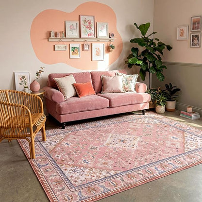 Kokia 6x9 Area Rugs for Living Room, Machine Washable Low Pile Rug, Non Slip Backing Boho Rugs for Bedroom, Printed Soft Vintage Carpet Peach Pink 6 x 9