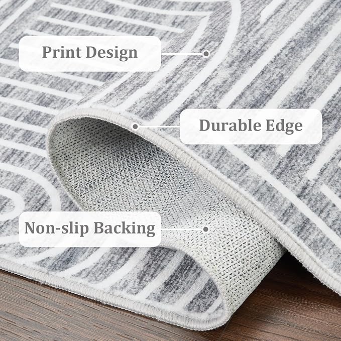 ROYHOME Washable Rug 4x6 Area Rugs for Living Room, Abstract Rug for Bedroom, Soft Rainbow Non Slip Throw Rugs with Rubber Back, Low Pile Stain Resistant Boho Geometric Carpet for Dining Room, Ash