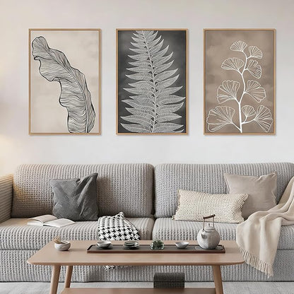 HLNIUC Botanical Neutral Framed Wall Art Set, Abstract Fern Leaf Canvas Wall Decor, Vintage Rustic Plant Wall Painting, Black Beige Nature Art Print for Living Room, Bedroom, Office - 16"x24"x3