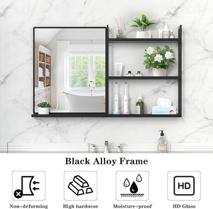 Black Metal Framed Bathroom Mirror with Shelf, 40" X 24.4" Rectangular Wall Mounted Bathroom Vanity Mirror, Modern Bathroom Mirror with Storage for Over Sink, Entryway