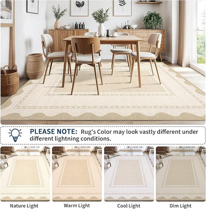 GarveeHome Modern Neutral 9x12 Area Rug Large Washable Rugs for Living Room, Low Pile Non Slip Stain-Resistant Soft Carpet, Contemporary Border Pattern Floor Mats for Home Decor, Beige