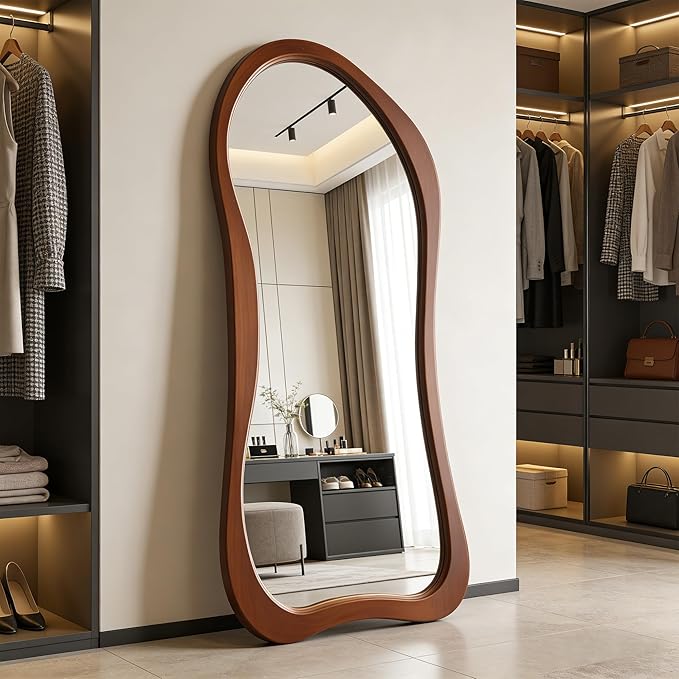 Large Irregular Mirror, 63"x30" Asymmetrical Aesthetic Mirrors with Solid Wood Frame, Premium Organic Shape Floor Mirror for Living Room Entryway Hallway Bedroom Cloakroom, Leaning/Hanging