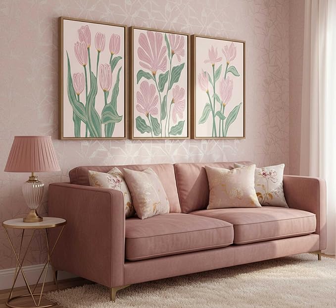 Framed 3 Pcs Pink Tulips Flowers Canvas Wall Art Boho Pink and Green Abstract Floral Botanical Paintings Pictures Wall Decor Poster Print Artwork for Living Room Bedroom Home Decoration