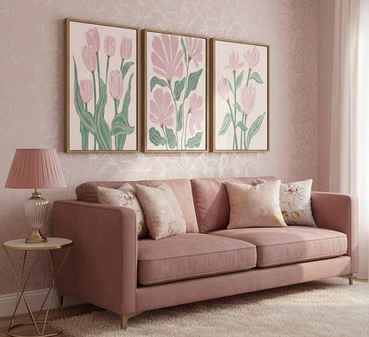 Framed 3 Pcs Pink Tulips Flowers Canvas Wall Art Boho Pink and Green Abstract Floral Botanical Paintings Pictures Wall Decor Poster Print Artwork for Living Room Bedroom Home Decoration