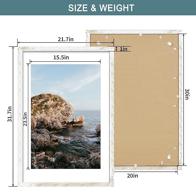 iRahmen 20x30 Poster Frame with 16x24 Mat - Plexiglass Wooden Picture Frames for Photo Wall Gallery Mounting (Distressed-White, Set of 2)