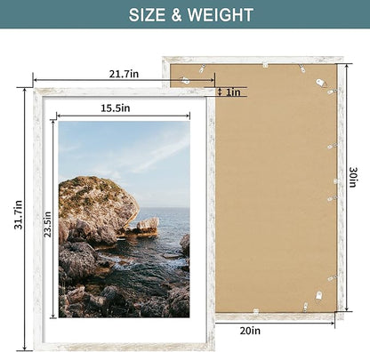 iRahmen 20x30 Poster Frame with 16x24 Mat - Plexiglass Wooden Picture Frames for Photo Wall Gallery Mounting (Distressed-White, Set of 2)