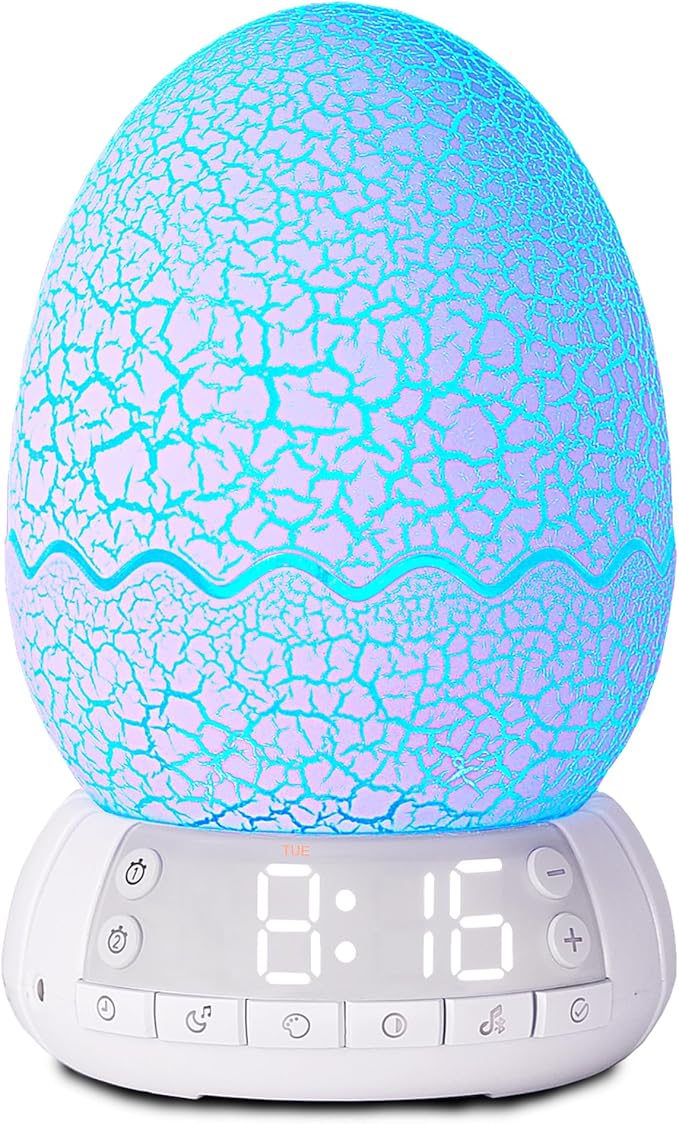 Dinosaur Egg Kids Clock/Decorative Lamp/Night Light/Bluetooth Speaker/White Noise Lullaby Machine 4 in1, 11 Colors Touch, Creative Gifts for Boys/Girls/Adult