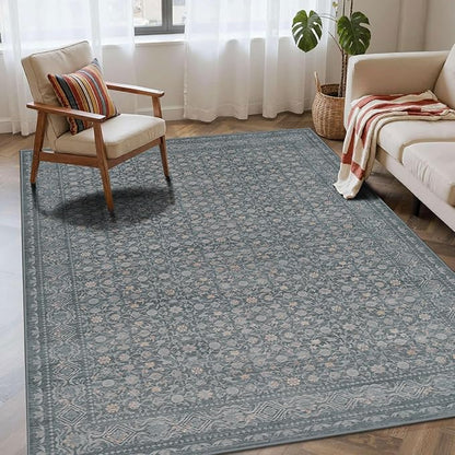 Rugxara Washable Area Rug for Living Room, Vintage Boho Rugs for Office, Dining Room, Kids Room, Farmhouse, Durable Low Pile Non Slip Carpet for High Traffic Areas, Soft Blue(4x6 ft)