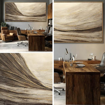 WINKAILIN Textured Abstract Landscape Canvas Wall Art in Brown and Gold Modern Minimalist Flowing Line Artwork for Living Room Bedroom Office Wall Decor 40x88 Inch