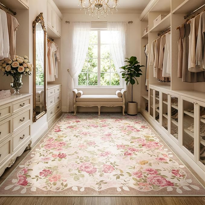 Lahome Washable Area Rug 6x9,Nursery Rug Girl Living Room Rug 6x9, Vintage Girls Rugs for Bedroom Ultra-Thin Non Slip Carpet for Playroom Dining Room Dorm Nina (6'X9',Beige)
