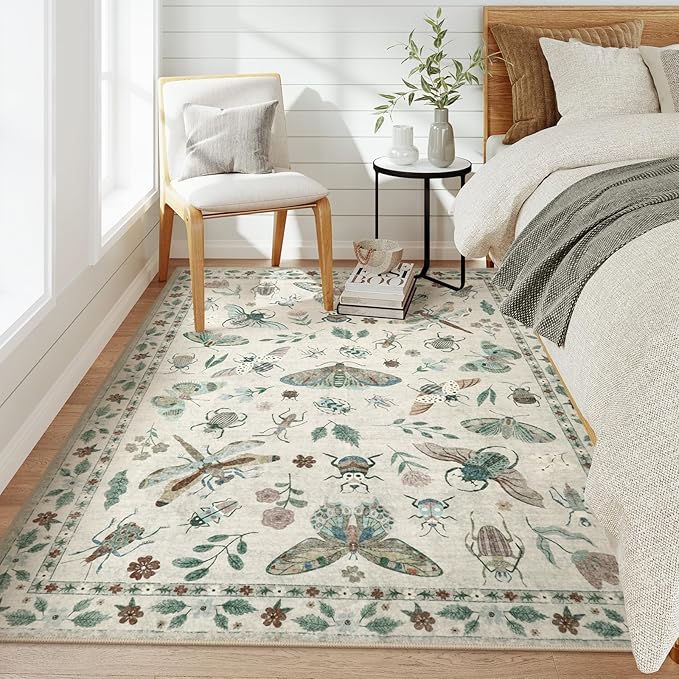 Lahome Insect Print Washable Area Rugs 5x7, Soft Rugs for Living Room Ultra-Thin Non-Shedding Modern Bedroom Rug, Throw Rug Large Carpet for Dining Room Nursery Vionnet(5'x7',Beige)