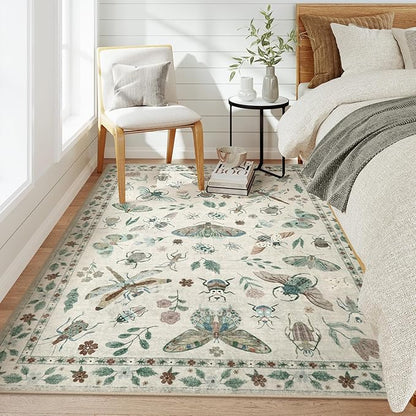 Lahome Insect Print Washable Area Rugs 5x7, Soft Rugs for Living Room Ultra-Thin Non-Shedding Modern Bedroom Rug, Throw Rug Large Carpet for Dining Room Nursery Vionnet(5'x7',Beige)