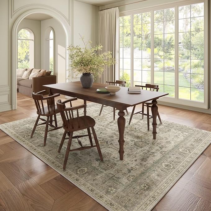 Washable 6x9 Area Rugs for Living Room, Boho Non-Slip Vintage Distress Large Rugs for Bedroom Dining Room Nursery Office, 0.3" Neutral Oriental Throw Thin Carpet, Flaxen/Multi, B2