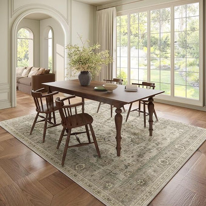 Washable 6x9 Area Rugs for Living Room, Boho Non-Slip Vintage Distress Large Rugs for Bedroom Dining Room Nursery Office, 0.3" Neutral Oriental Throw Thin Carpet, Flaxen/Multi, B2