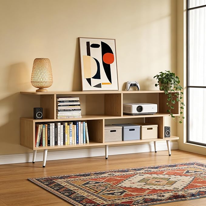 Lightdot 55 Inch TV Stand, up to 65 Inch TVs, Large Storage for Collection with 6 Open Shelves, Sturdy Media Console Table for Living Room/Entrance/Kitchen/Sofa Cabinet, Easy Assembly, Walnut