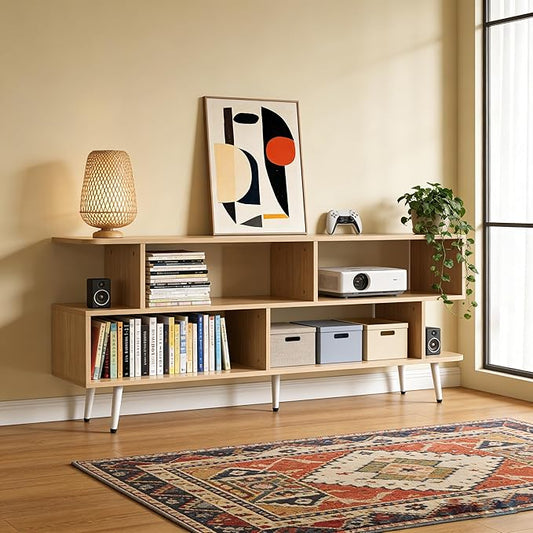 Lightdot 55 Inch TV Stand, up to 65 Inch TVs, Large Storage for Collection with 6 Open Shelves, Sturdy Media Console Table for Living Room/Entrance/Kitchen/Sofa Cabinet, Easy Assembly, Walnut