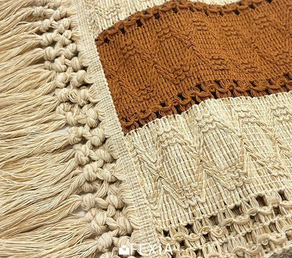 FEXIA Boho Table Runner 48 Inches Long Macrame Summer Decor Coffee Table Cover Farmhouse Stylewith Tassels for Party Bohemian Rustic Wedding Bridal Shower Dining Room Middle Brown (12x48 Inches)
