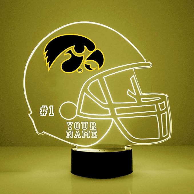 Custom University of Iowa (UI) Hawkeyes Football Helmet LED Sign Night Light Lamp with Remote, Personalized Name, Text, Officially Licensed from The CLC by Mirror Magic Gifts, Made in The USA